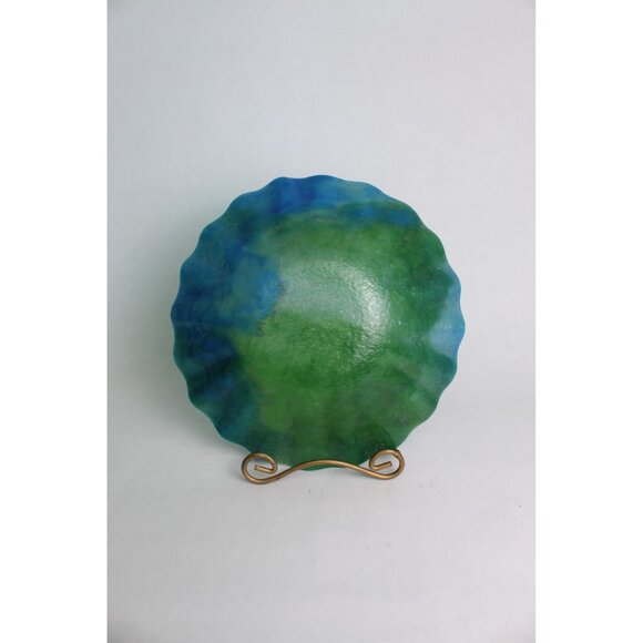Vintage Crinkle Glass Bowl | Blue & Green Swirl | Art Glass Dish - Picture 2 of 6
